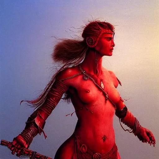 Image similar to Warrior princess with red armor in the style of Zdzislaw Beksinski
