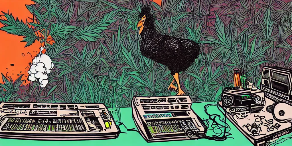 Image similar to 'black chicken'!!! smoking 'cannabis'!!!!!! in front of 'audio console'!!!! and 'multi monitors'!!!! 'in a hi-tech tv broadcasting studio'!!!!, artwork by James Gilleard