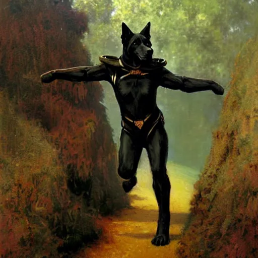 Prompt: fullbody of a black german shepard dogman man in trunks starfleet star trek risa. highly detailed painting by gaston bussiere craig mullins jc