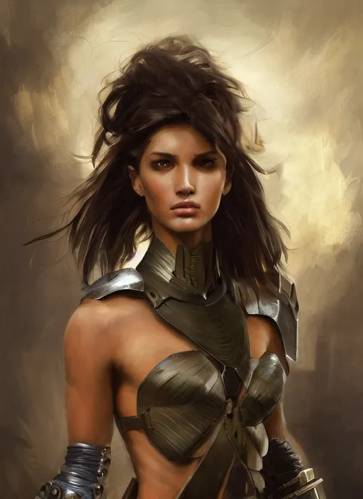 Prompt: a professionally painting of an attractive young female, partially dressed in battle armor, olive skin, long dark hair, beautiful bone structure, perfectly proportioned, symmetrical facial features, intricate, elegant, heroic pose, digital painting, concept art, smooth, sharp focus, finely detailed, beautifully framed, from Metal Gear, by Ruan Jia and Mandy Jurgens and William-Adolphe Bouguerea