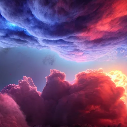 Image similar to promotional movie still, view of alien gas clouds, extreme fluffy clouds, colors, 3 d, digital art, panorama, wide - angle view, skyscape, octane 3 d render, ue 5, realism, cinematic, imax 7 0 mm.