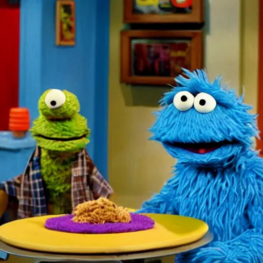 Image similar to Cookie Monster Muppet on Sesame Street smoking weed, happy