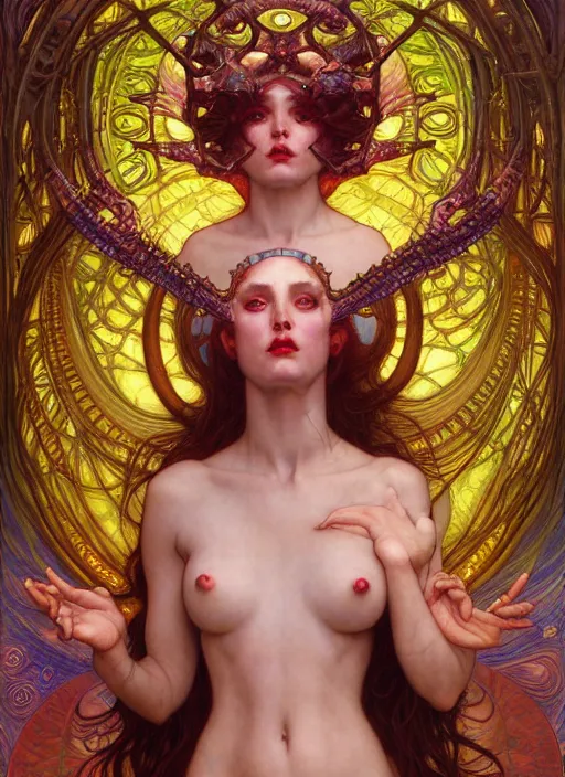 Image similar to hyper detailed masterpiece succubus girl enchantress by donato giancola and tom bagshaw, face by artgerm and edmund leighton, and alphonse mucha, trending on artstation, colorful, psychedelic aesthetic, ornate, background by gustav klimt, 8 k, biomechanical, majestic, volumetric lighting, porcelain skin, concept art, sharp focus