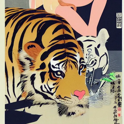 Image similar to a delorean protecting a tiger, japanese magazine collage, art by hsiao - ron cheng and utagawa kunisada