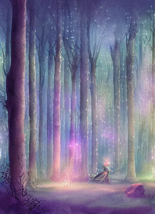 Image similar to pipe organ forest with fairy lights, light ground fog, river, detailed fantasy watercolor comic style, subtle colors, by tony sart