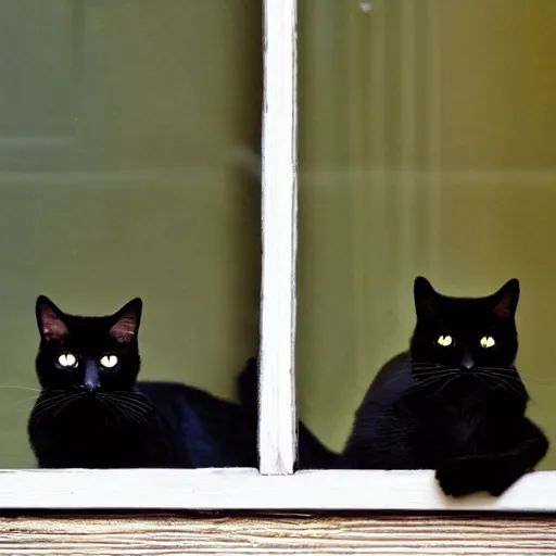 Image similar to black cat and tabby cat in a sunlit window