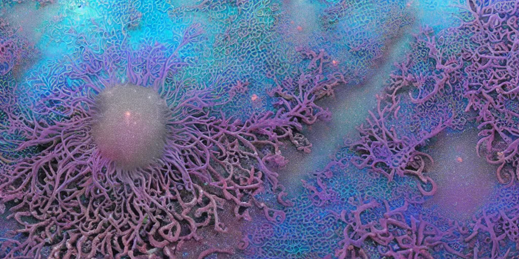 Prompt: A beautiful hyper realistic detailled matte painting of glitter eye coral cyber arm symbiosis tripod gun made of intricately detailed hand carved 3D mandelbulb, made of translucent glossy colored gradient volumetric smoke and tiny glitter Pulse Coral shrink wrapped in holographic glass sheet rotate 77 degrees, wide angle,good focus,by Beksinski and Mike Winkelmann , trending on artstation, Artstation, Pinterest, Wallpaper 4K,f128,octane render