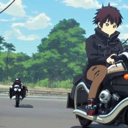 Prompt: A corgi on a motorcycle in an anime film by Makoto Shinkai