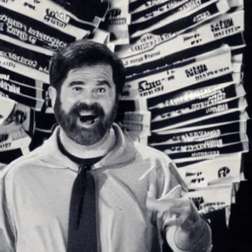 Prompt: Billy Mays hosting Jeopardy, VHS tape footage, 1991 , the set of Jeopardy