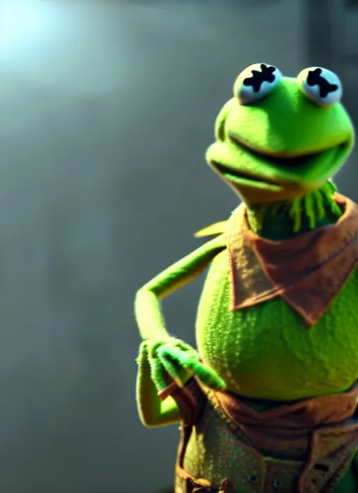 Image similar to kermit the frog in fallout 4, hq screen shot, octane render, cinematic lighting, sharp detail, 5 k