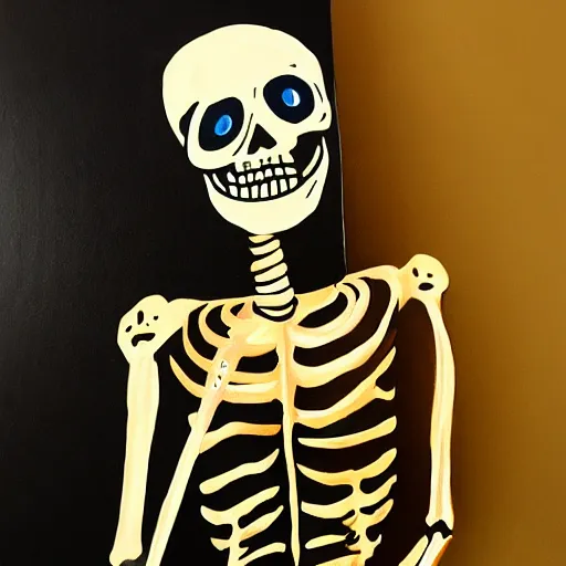 Image similar to winking smiling skeleton, painting