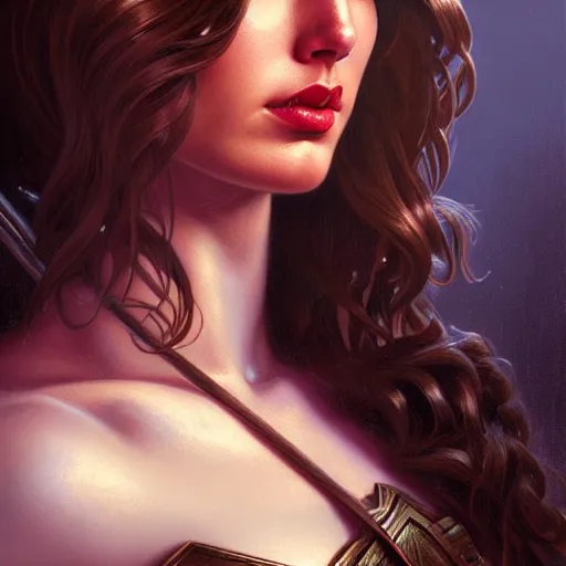 Image similar to head and shoulders Portrait of Gal Gadot as Sylvanas, dark fantasy, medium shot, intricate, elegant, highly detailed, digital painting, volumetric light, artstation, concept art, smooth, sharp focus, illustration, art by Gil Elvgren and Greg Rutkowski and Alphonse Mucha