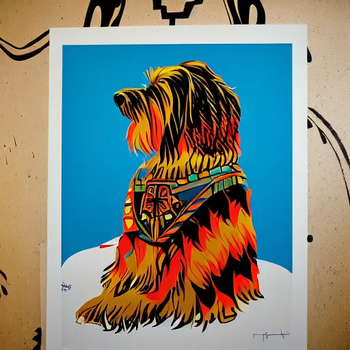 Image similar to tlingit haida lithographic, havanese dog, abstract lithograph print by nathan jackson and tristan - wolf and maynard johnny jr.