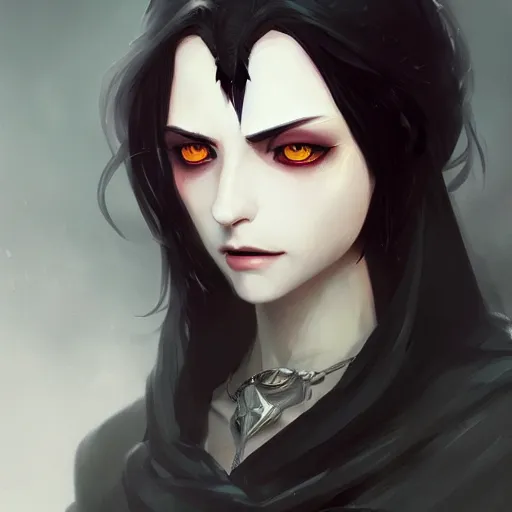 Image similar to female human vampire witch in the style of greg rutkowski, makoto shinkai, trending on artstation, character design, concept art, pretty face, highly detailed, long black hair, portrait, digital art