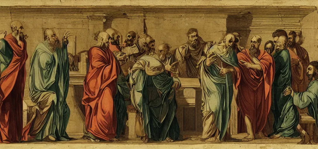 Image similar to origen of alexandria debates with epiphanius of salamis on a presidential debate stage