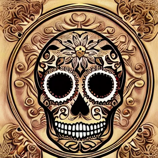 Image similar to intricately carved sugar skull, intricate ornament, gilding, digital art