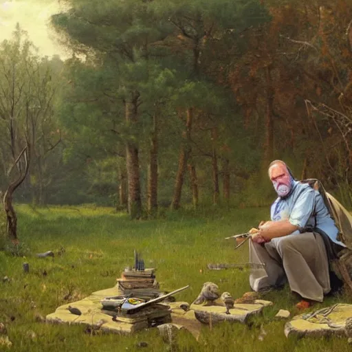 Image similar to Gary Gygax Gary Gygax plays dungeons and dragons in the middle of a field, game dungeons and dragons, Rye (Shishkin), painting by Ivan Shishkin, Ernest Gary Gygax face, photo by Gary Gygax, painting by Valentin Serov, oil painting, hyperrealism, beautiful, high resolution,