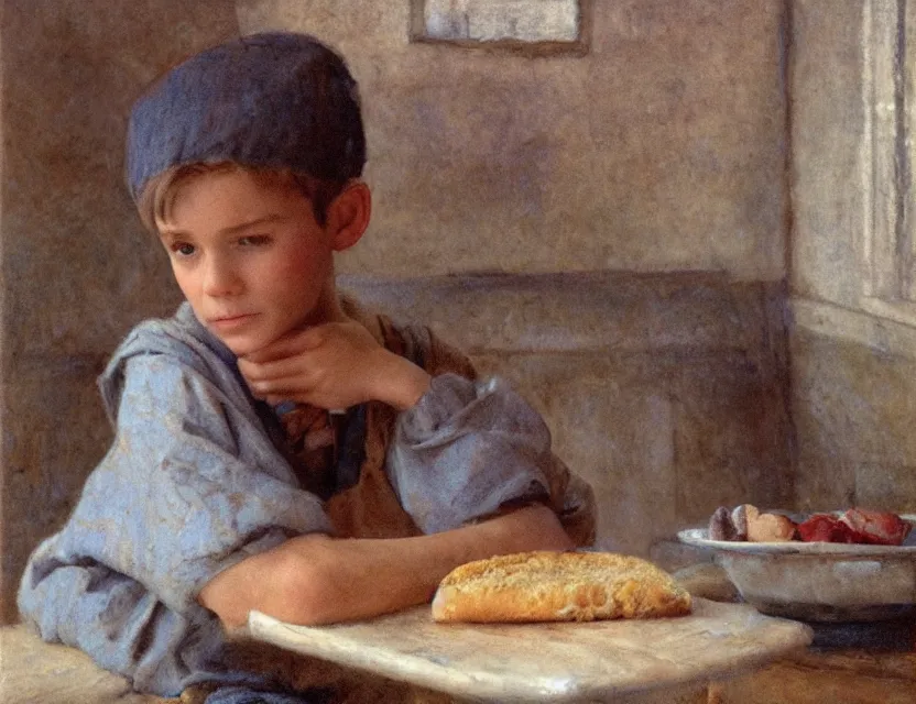 Image similar to portrait of little peasant boy sitting infront of table with bread, cottage core, cinematic focus, polaroid photo bleached vintage pastel colors high - key lighting, soft lights, foggy, by steve hanks, by lisa yuskavage, by serov valentin, by tarkovsky, 8 k render, detailed, oil on canvas