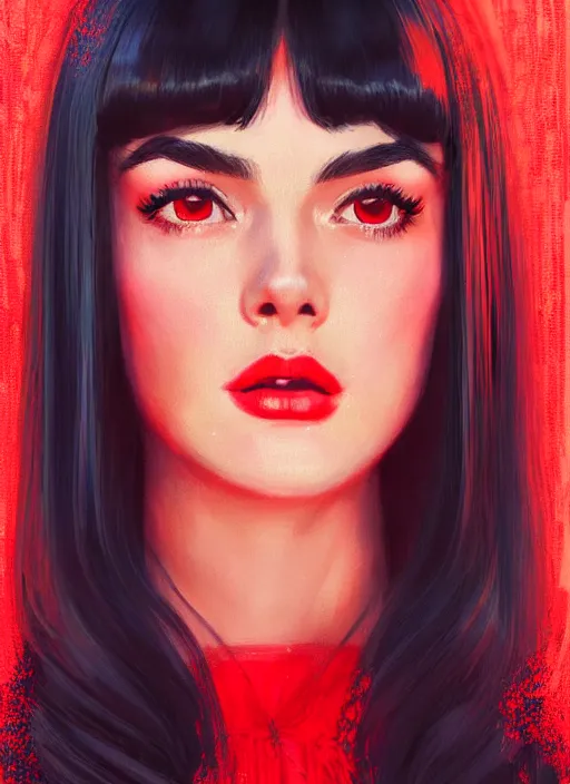 Image similar to portrait of veronica lodge with bangs, 1 9 6 0 s, long hair, red clothes, bangs, intricate, elegant, glowing lights, highly detailed, digital painting, artstation, concept art, smooth, sharp focus, illustration, art by wlop, mars ravelo and greg rutkowski