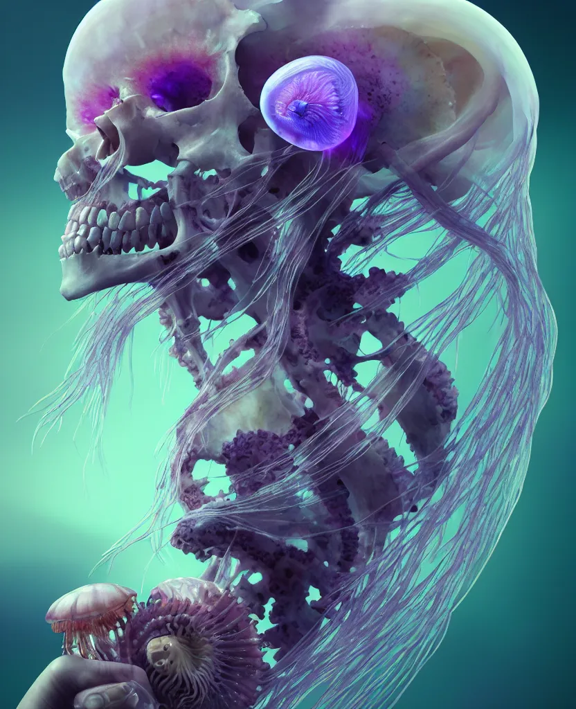 Image similar to goddess close-up portrait human skeleton, ram skull, jellyfish, orchid, betta fish, bioluminiscent, intricate artwork by Tooth Wu and wlop and beeple. octane render, trending on artstation, greg rutkowski very coherent symmetrical artwork. cinematic, hyper realism, high detail, octane render, 8k