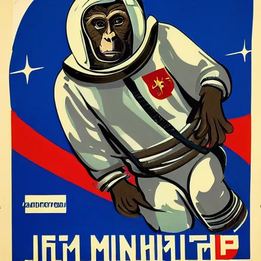 Prompt: soviet propaganda poster of a monkey in a space suit, close up face shot