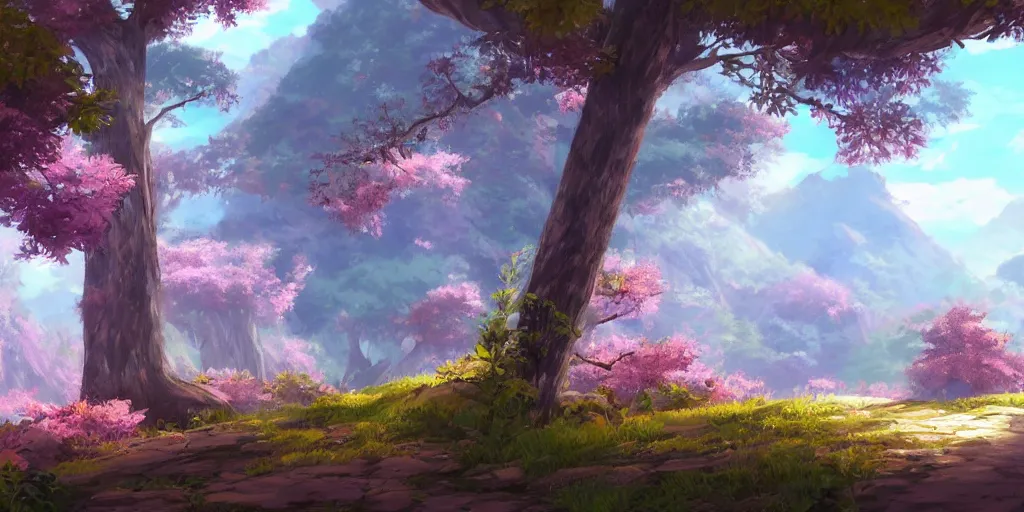 Image similar to beautiful nature environment from genshin impact, game art, in game screenshot, beautiful colors, 8 k, detailed, award winning, popular on artstation, by a famous game concept artist, anime style, nostalgic