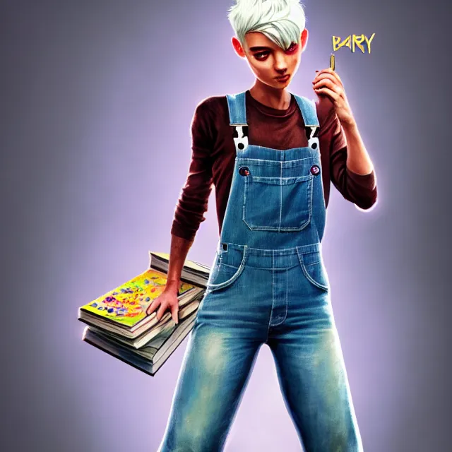 Image similar to full body pose, beautiful adult fairy, pixar, short white hair shaved sides, dirty, grungy, grunge, long sleeve, painted overalls, stacks of giant books, highly detailed, 4 k, hdr, smooth, sharp focus, high resolution, award - winning photo, artgerm, photorealistic