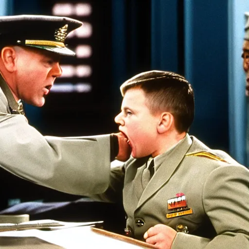 Image similar to still image from the movie a few good men where he yells you can't handle the truth but starring warwick davis