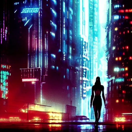 Image similar to jennifer connelly starring in a cyberpunk movie in a distopic futuristic city in the style of bladerunner, movie still, highly detailed, rainy night, volumetric lights, dramatic, scifi, sharp focus