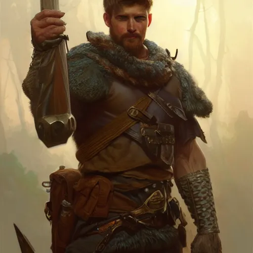 Image similar to portrait of a young rugged ranger, muscular, upper body, longsword, D&D, fantasy, intricate, cinematic lighting, highly detailed, digital painting, artstation, concept art, smooth, sharp focus, illustration, art by Artgerm and Greg Rutkowski and Alphonse Mucha