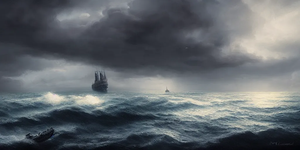 Image similar to a detailed beautiful matte painting of a ship on a stormy ocean by Mikko Lagerstedt and Raphael Lacoste