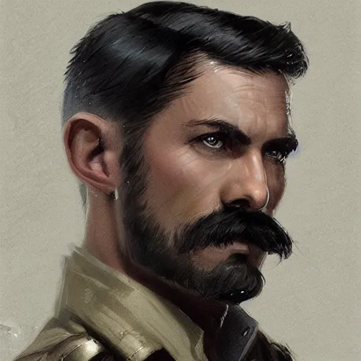 Image similar to portrait of a man by greg rutkowski, british features, short black hair in military style, moustache, perfect military composure, wearing gray imperial captain uniform, star wars expanded universe, he is about 4 0 years old, highly detailed portrait, digital painting, artstation, concept art, smooth, sharp foccus ilustration, artstation hq