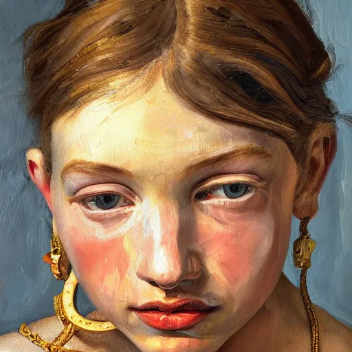 Image similar to high quality high detail painting by lucian freud, hd, girl portrait with a lot of gold and jewelry, photorealistic lighting