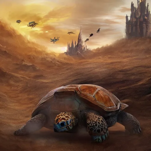 Image similar to gargantuan tortoise with a large fantasy castle armor walking through a sandy wasteland, howls moving castle, mortal engines, kaiju, distant shot birds eye view, fantasy, hyper detailed, 4 k,