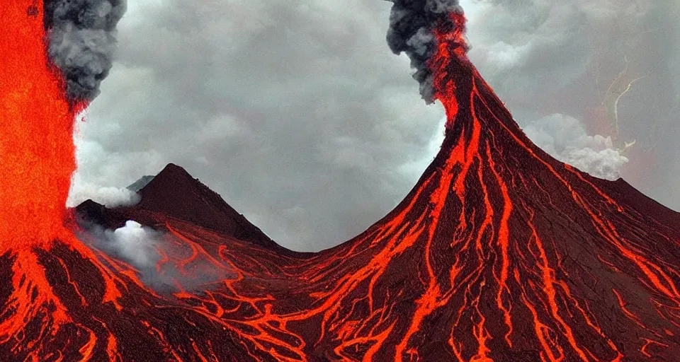 Prompt: a volcano made of ivory vines and crimson rocks enters in eruption, it spits a smoke in the shape of demonic eye, by Yoshihiro Togashi