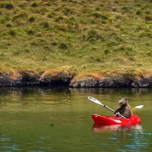 Image similar to a quokka paddling a kayak on a lake