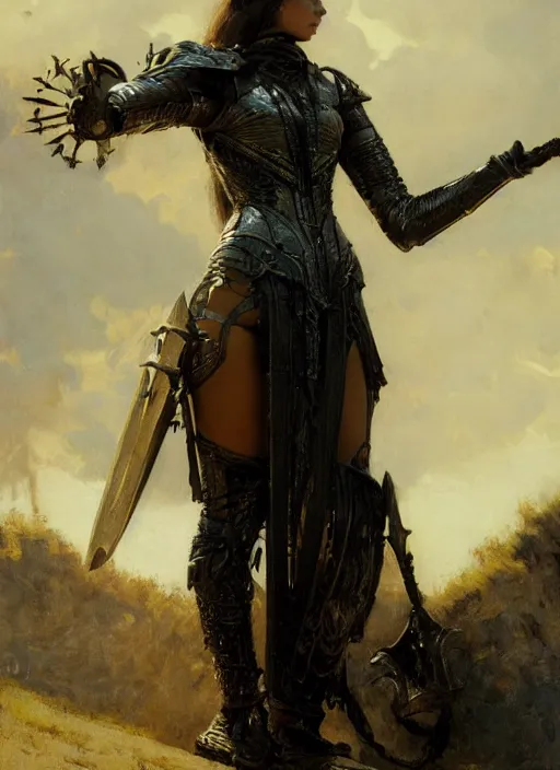 Image similar to beautiful young woman wearing black medieval armour, by gaston bussiere, bayard wu, greg rutkowski, giger, maxim verehin, greg rutkowski, masterpiece, sharp focus, cinematic lightning