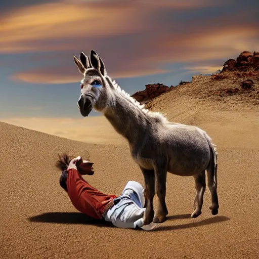 Prompt: donkey sitting on benjamin netanyahu picture, photorealistic, detailed, photograph