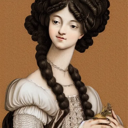 Prompt: shot from a distance, renaissance, rococo, manga, tonal, young lady, thin, dark hair, wearing loose white puff sleeve top