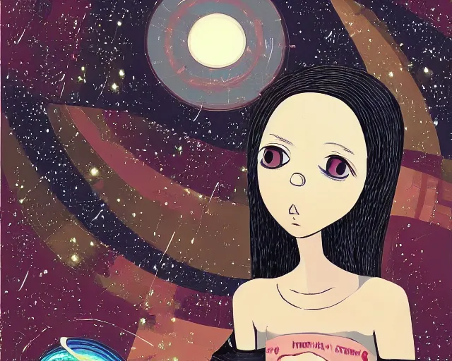 Prompt: 'There is nothing so loathsome as a sentimental surrealist.' illustration by zasxi kdiop, zido, 3000s retro anime aesthetic wallpaper. An isolated girl, dreaming of the galaxy express. I dream of a futuristic, utopian space ship, complete with the sound of the stars dancing to our music