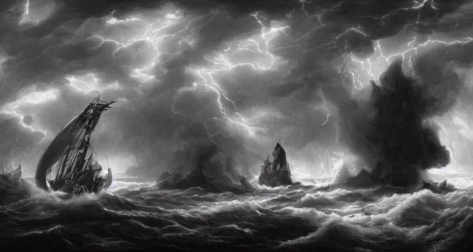 Image similar to black lovecraftian eldritch!! obsidian pyramid!! a snowy island surrounded by raging stormy seas, 1 7 0 0 s frigate, with a large shadow of a creature in the background by eugene von guerard, ivan shishkin, night, red lightning!!, storm!, dramatic lighting, concept art, trending on artstation, 8 k