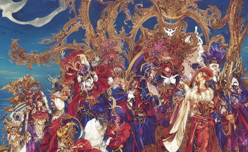 Image similar to the enchanted venice carnival dream with dancing masked people, behance hd artstation, by yoichi hatakenaka, masamune shirow, josan gonzales and dan mumford, ayami kojima, takato yamamoto, barclay shaw, karol bak, yukito kishiro