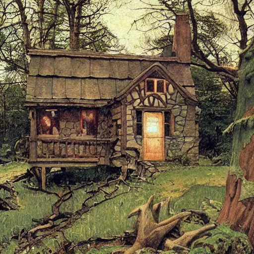 Image similar to witch cottage in the forest, art by norman rockwell