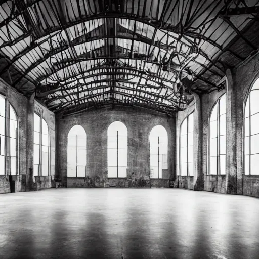 Prompt: interior of a large hstoric industrial hall with modern sculptures inside, dramatic lighting, phase one photo,