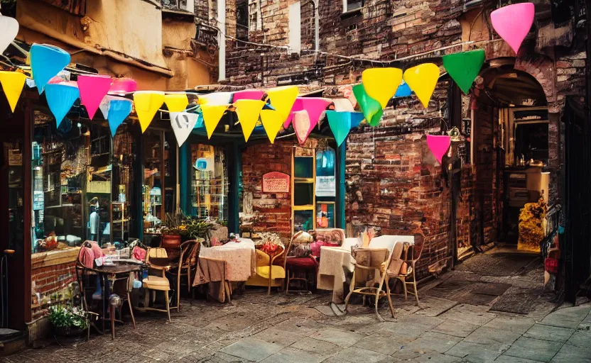 Image similar to mini cafe diorama macro photography, cafe for mice, alleyway, ambient, atmospheric photograph, british, colorful paper lanterns, romantic