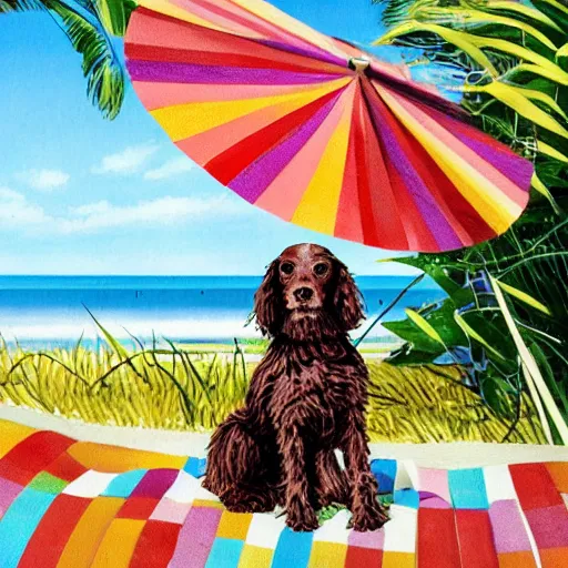 Image similar to cute brown spaniel by the seaside, parasols, bright towels, geometric, pop, bright, artwork