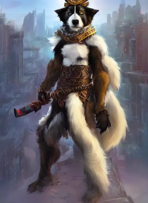 Image similar to wide angle beautiful full body portrait of a cute male anthropomorphic anthro border collie fursona wearing a barbarian outfit in downtown seattle, character design by charlie bowater, henry asencio, and ross tran, disney, scenic background, detailed, glamor pose, aesthetic, trending on artstation, furaffinity, deviantart