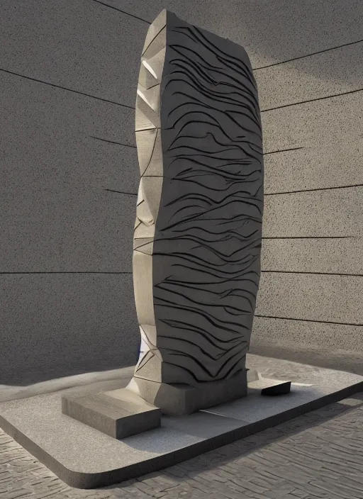 Image similar to highly detailed realistic architecture 3 d render of a wood and metal stele monument in zaha hadid style standing on a side of a road, archdaily, made in unreal engine 4 octane render