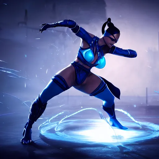 Image similar to Photo of Kitana fighting Sub-Zero, Mortal Kombat 11, expressive poses, highly detailed, ominous vibe, octane render, cgsociety, artstation, trending on ArtStation by Travis Sergio Diaz