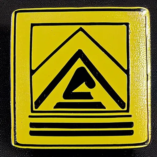 Image similar to a square enamel pin of a caution hazard label, smooth curves